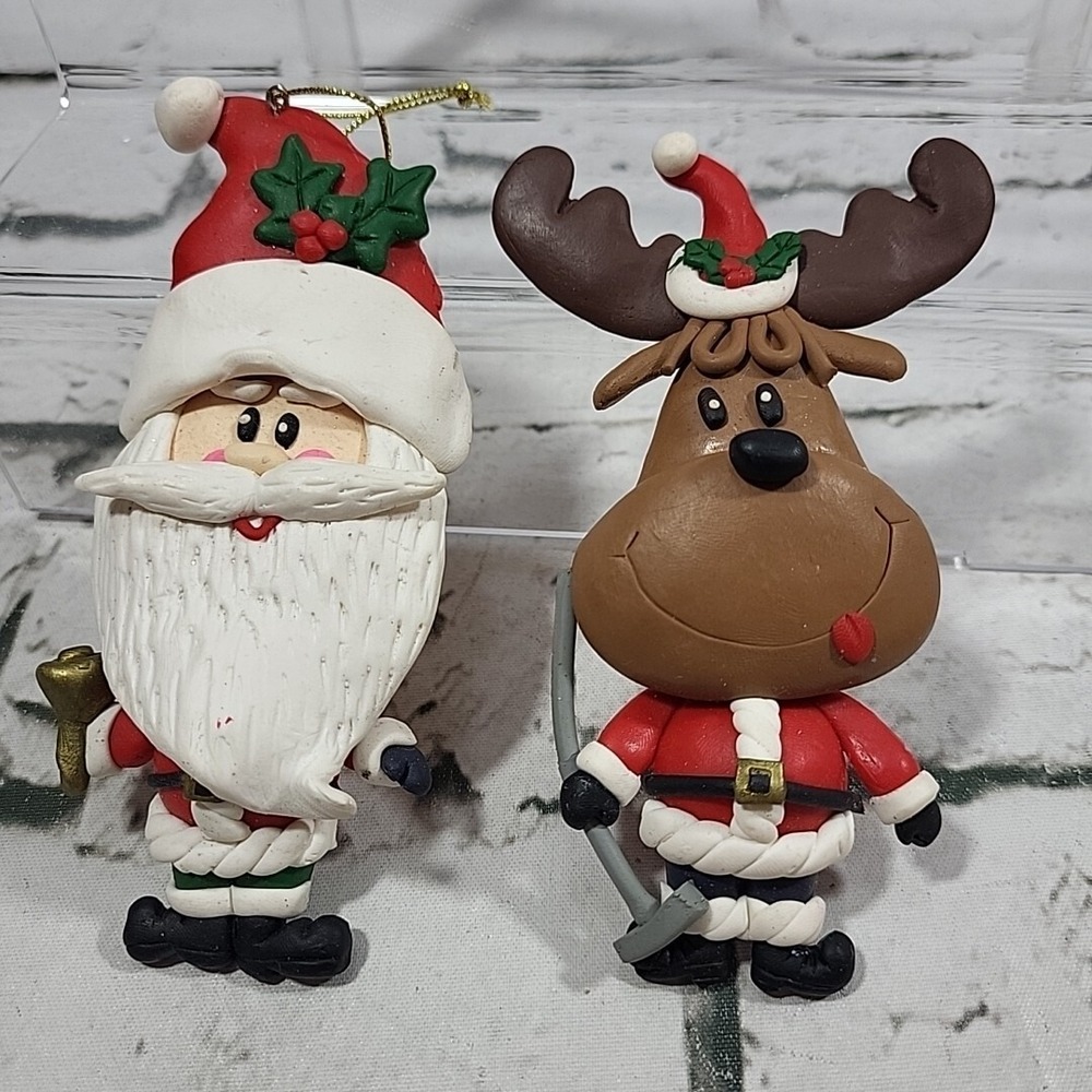 Christmas Ornaments Handcrafted Santa Claus Reindeer Clay Figural Lot Of 2